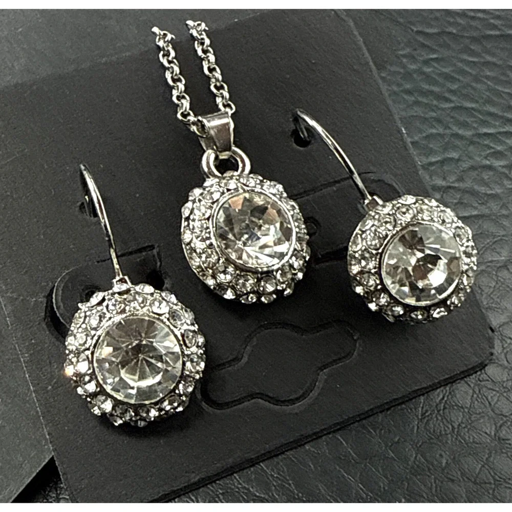 Rhinestone Necklace Earrings Set Clear Pave Crystal Rounds Silver Tone 18